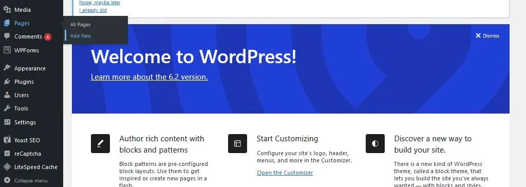wordpress new page