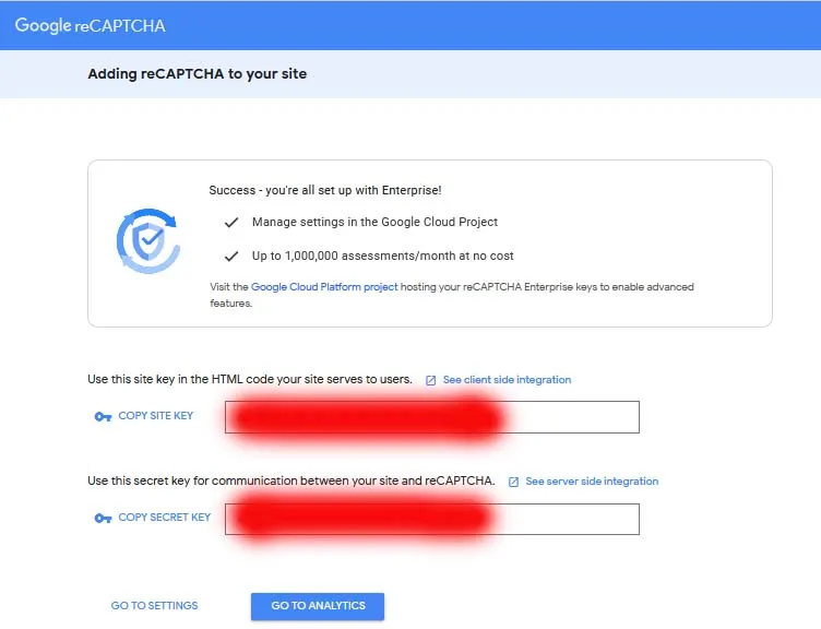 recaptcha site key and secret key