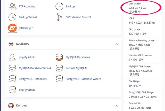 cPanel Disk Space