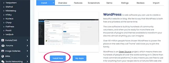 softaculous install now wordpress